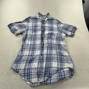 Ralph Lauren Shirt Mens Large Blue Plaid Linen Short Sleeve Classic Fit Pony